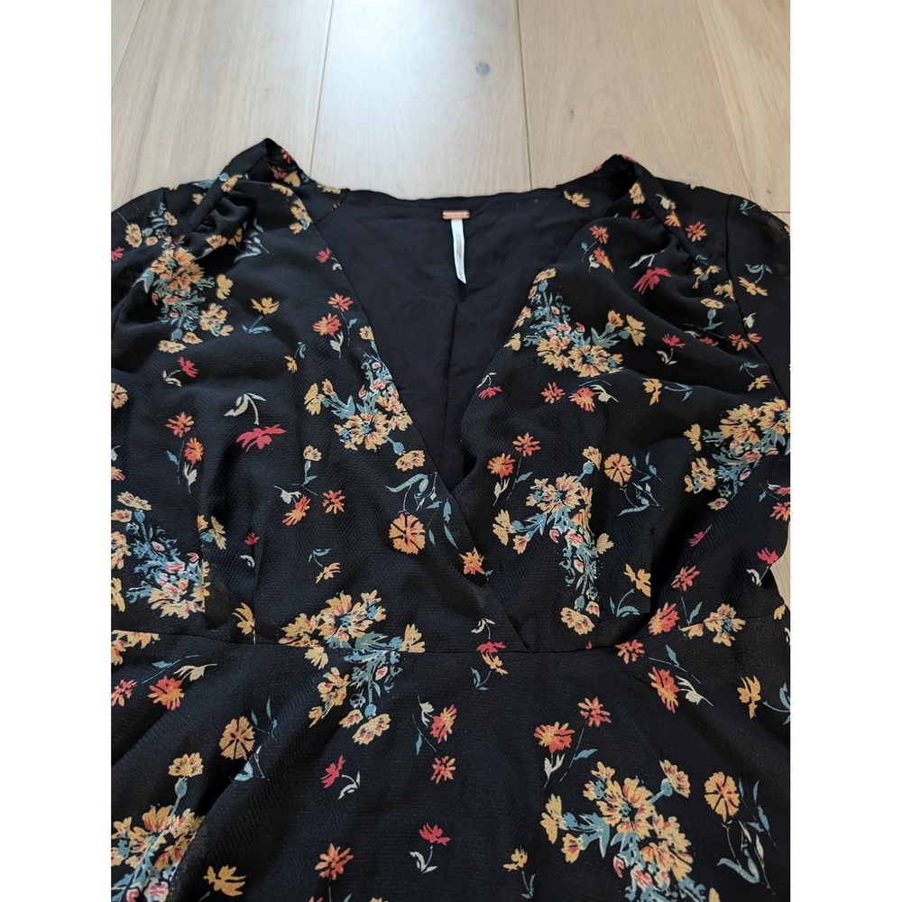 Free People Black Floral Long Sleeve Mini Dress Medium | Boho Romantic | Flowy - Picture 8 of 12